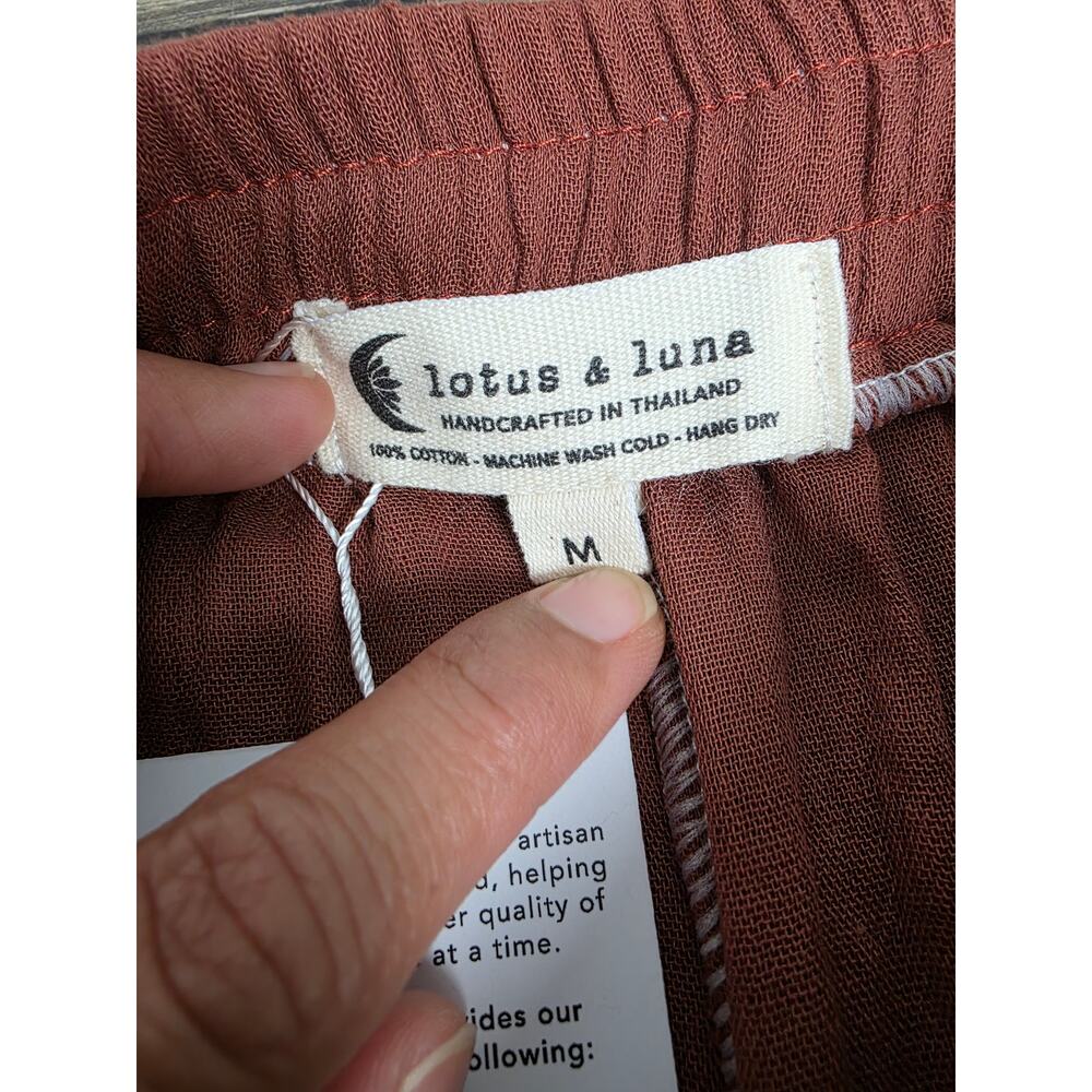 Lotus & Luna NWT Cotton Gauze Wide Leg Smocked High Waist Pants Rust Brown - Picture 6 of 7